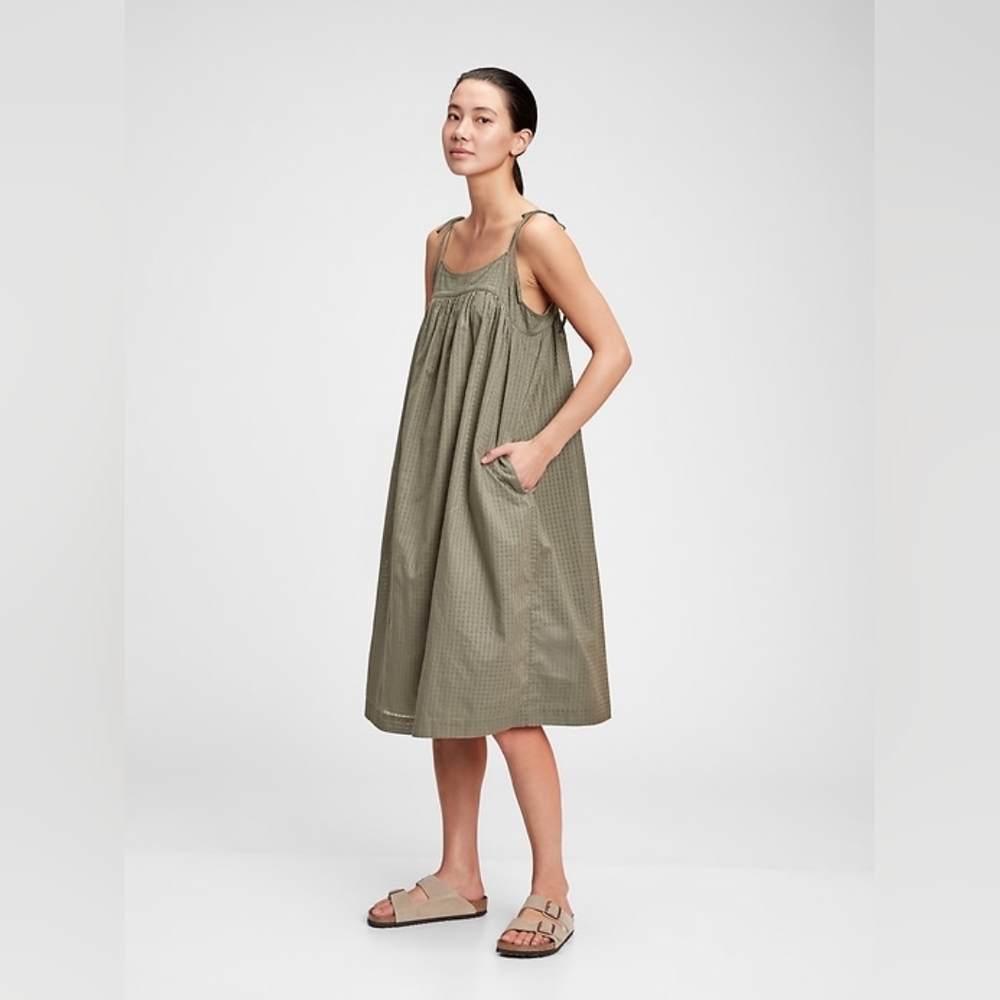 🫒 GAP 100% Cotton Tie Strap Cami Midi Dress, L, NWT